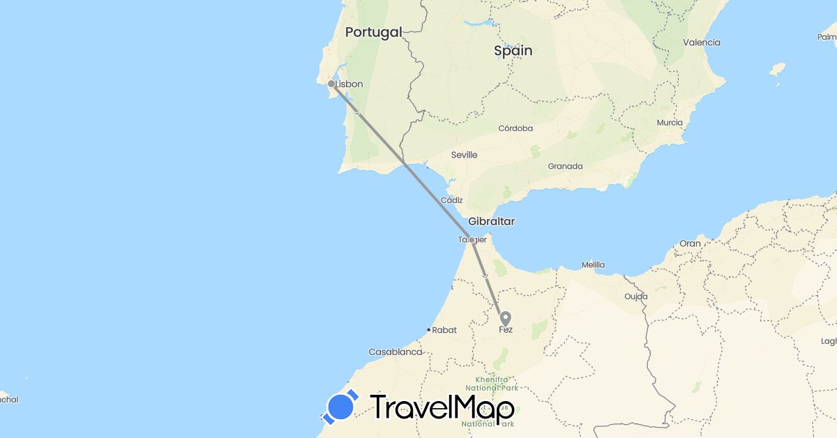 TravelMap itinerary: driving, plane in Morocco, Portugal (Africa, Europe)